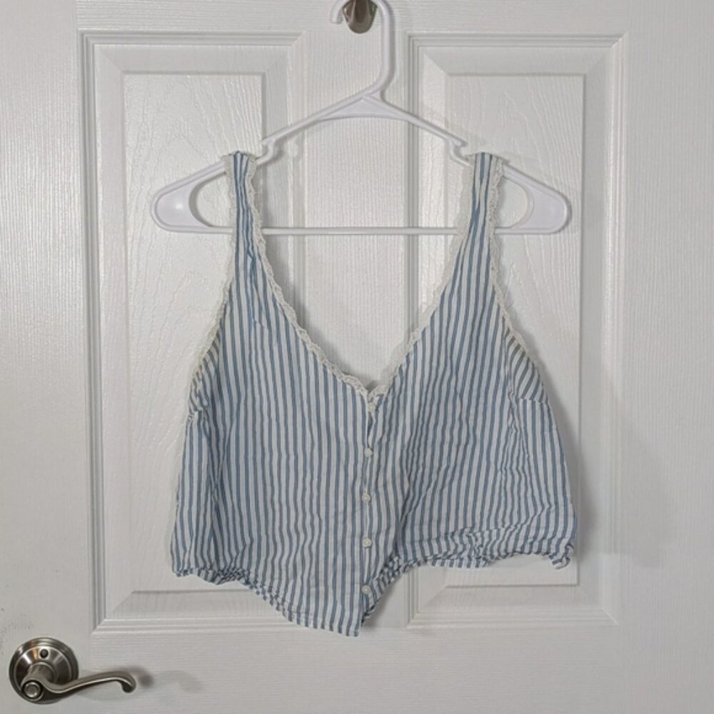 Vintage 90s Victoria's Secret Lace Trim Blue‎ and White Striped Slip Top Size S